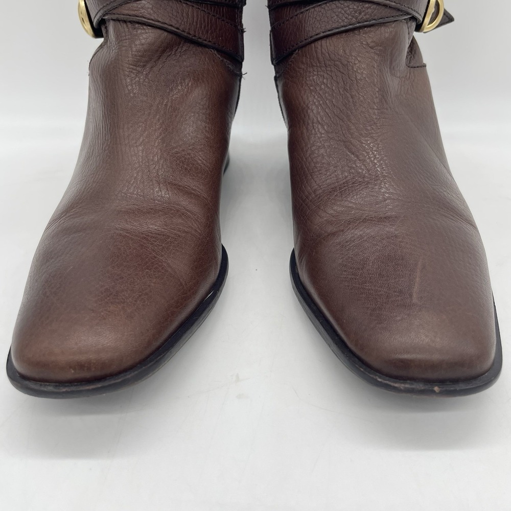 Talbots Womens 7AA Riding Boots Tall Brown Pebbled Leather Gold Buckle Full Zip - Picture 9 of 16